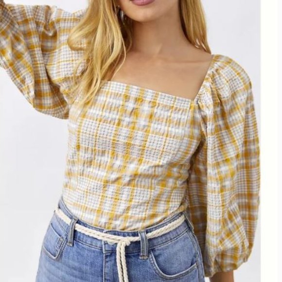 Maeve by Anthropologie Tops - Maeve by Anthropologie Yellow Plaid Square Neckline Puff Sleeve Top Medium NWT